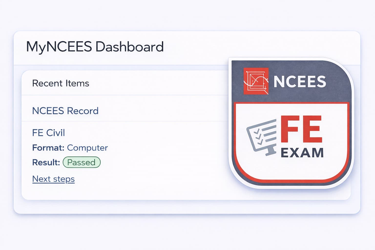 MyNCEES dashboard showing a passed FE Civil exam result next to the NCEES FE Exam badge